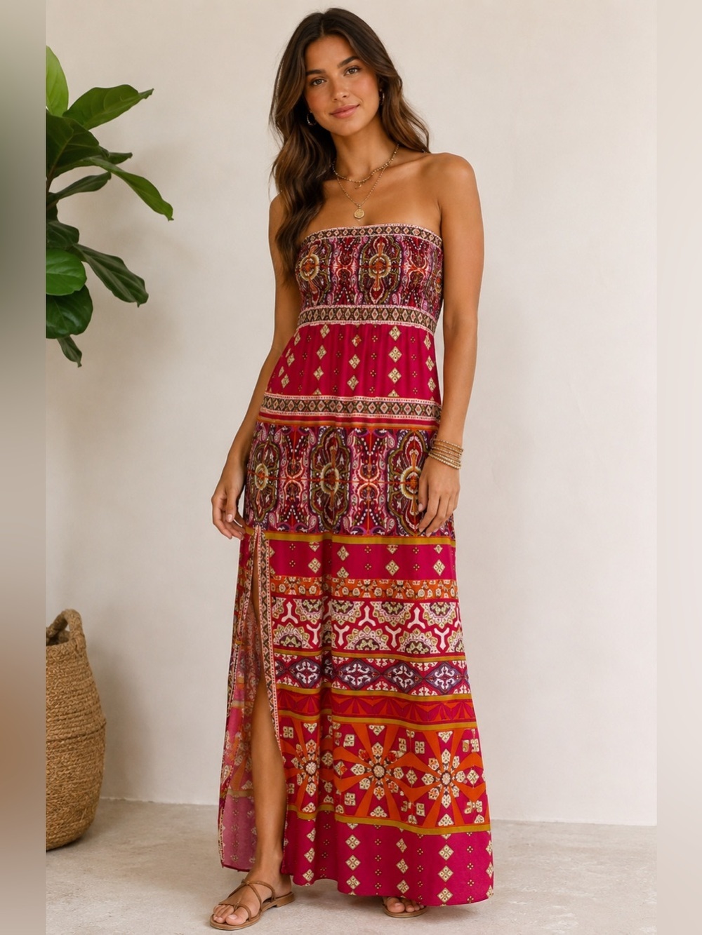 Hale Bob Fuchsia Multicolor Strapless Maxi Dress Size XS